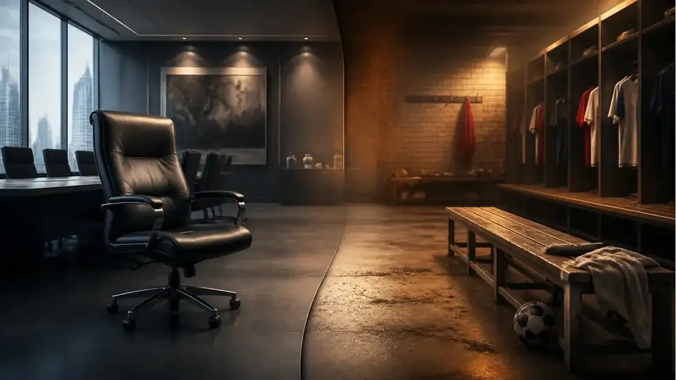 Two empty office and football locker chairs facing each other under split dramatic lighting
