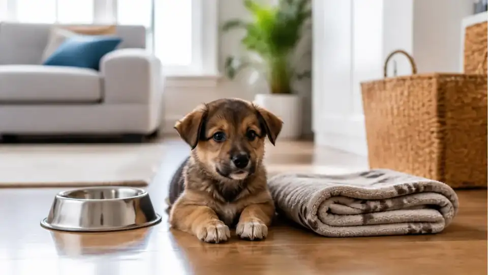 A small rescued puppy resting beside a water bowl in a bright family living room