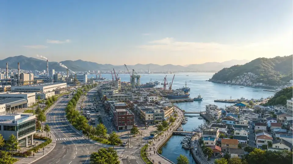 Editorial panorama linking a modern factory district, an old harbor and a coastal neighborhood
