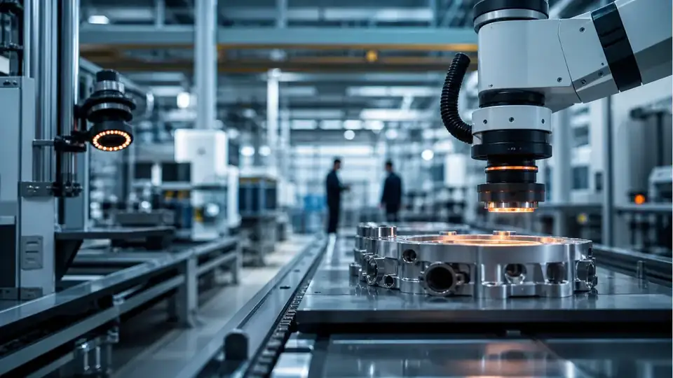 Modern precision manufacturing floor with robotic tools and workers shown only as distant silhouettes