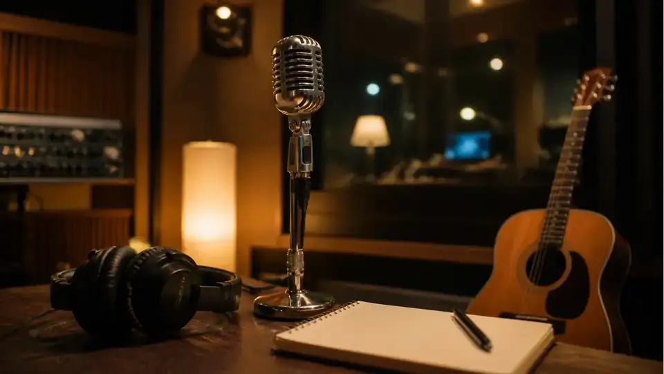 A vintage studio microphone, acoustic guitar and lyric notebook under warm recording-room light