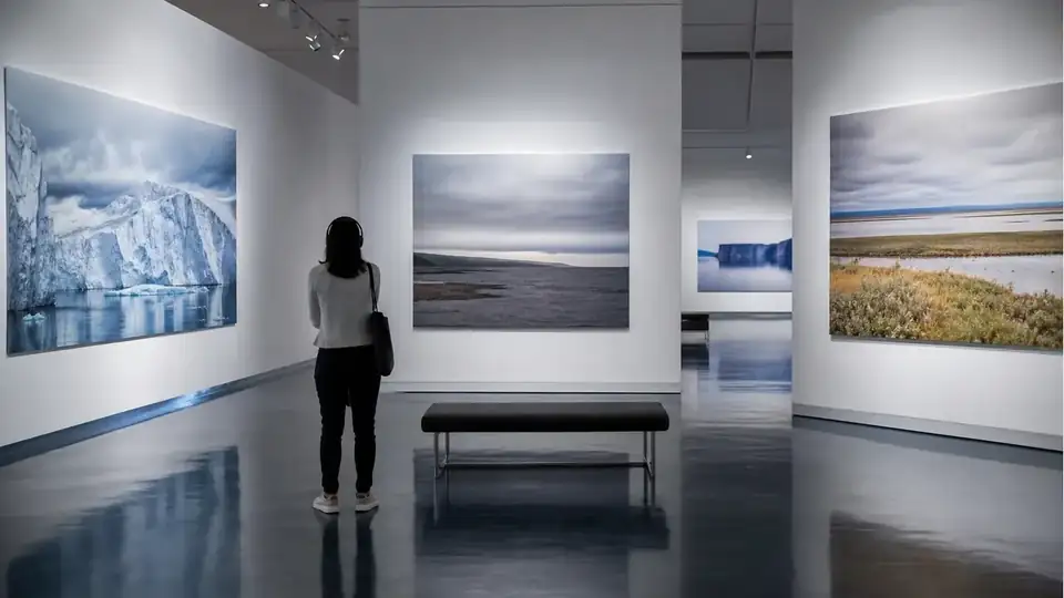 Museum visitor using an audio guide before large photographs of glaciers and coastal habitats